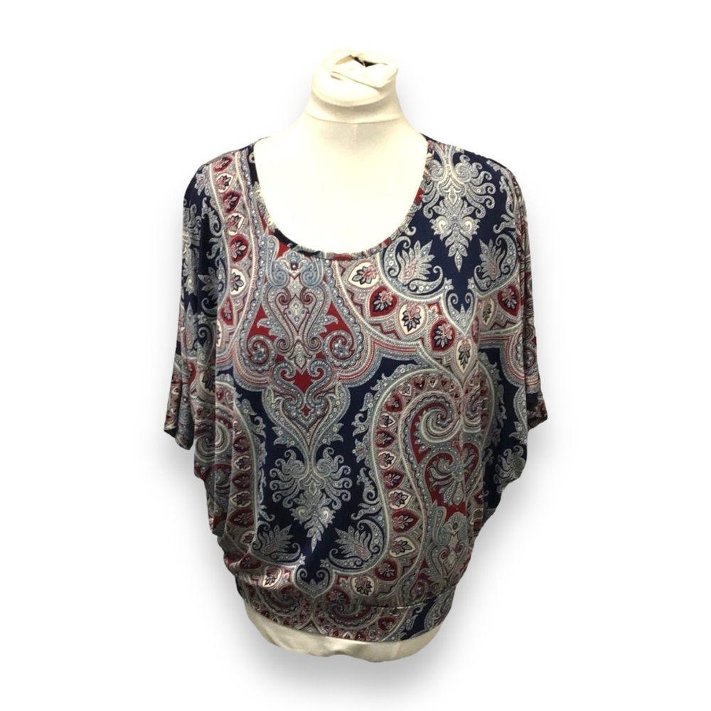 Emi & Joe Women’s Short Butterfly Sleeve Scoop Neck Blouse, Navy, size L
